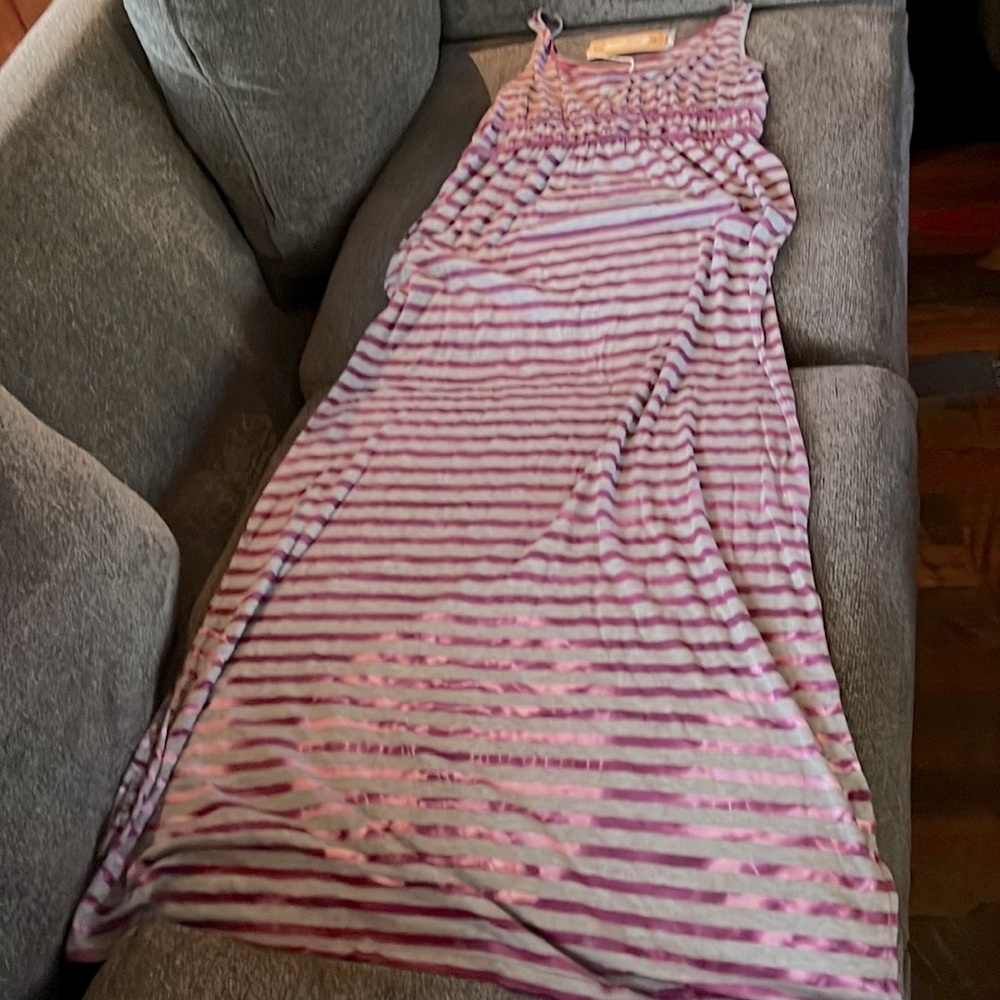 NET PrAna Adrinne tie dye maxi dress purple with grey stipe empire waist